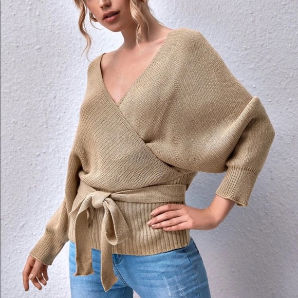 Knit v neck wrap sweater surplice belted burgundy - Picture 7 of 8